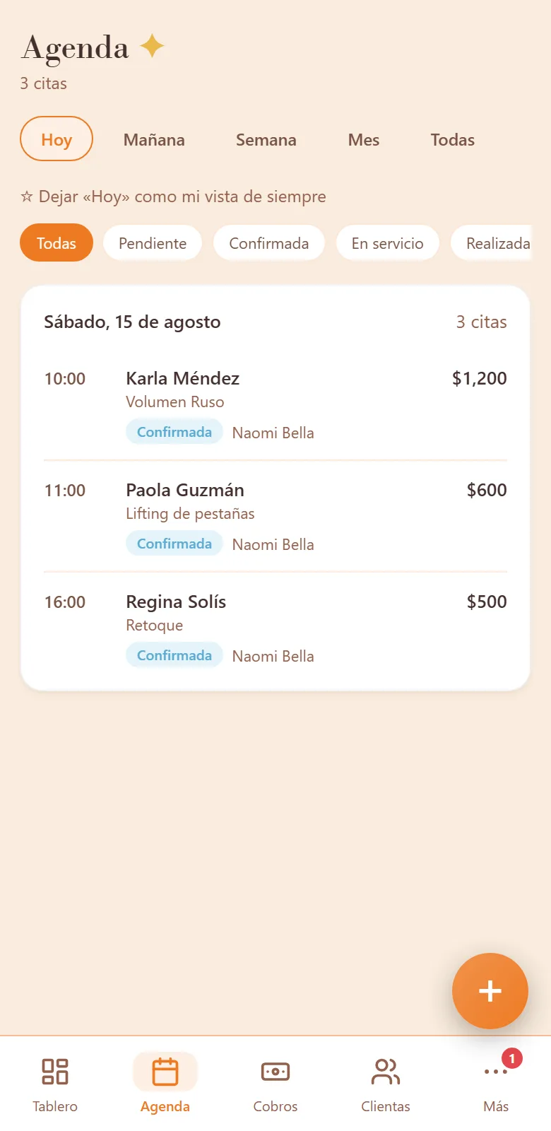 La agenda de Mandarina en un celular: la barra de abajo y las citas del día con su hora, su servicio y su precio