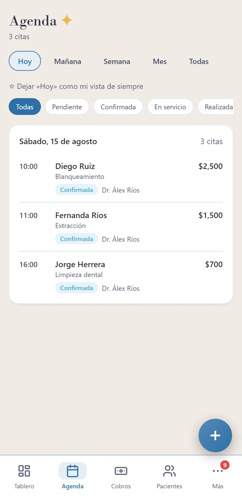 La agenda de Mandarina en un celular: la barra de abajo y las citas del día con su hora, su servicio y su precio