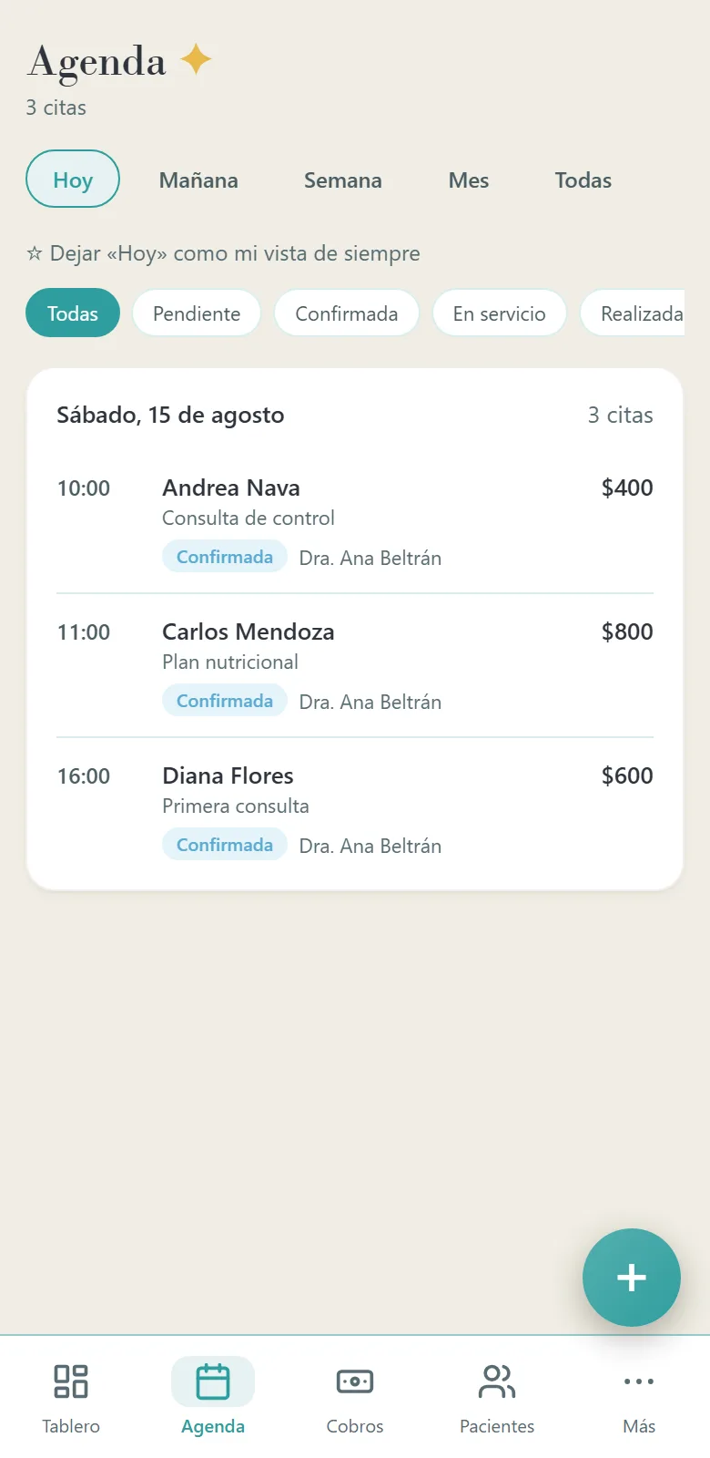 La agenda de Mandarina en un celular: la barra de abajo y las citas del día con su hora, su servicio y su precio